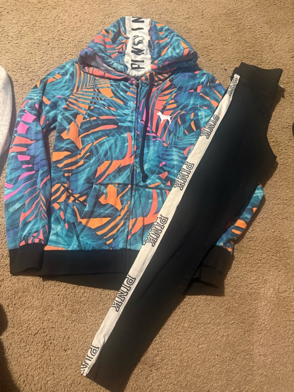PINK Tropical Print Zip Hoodie & Black Logo Strip Leggings